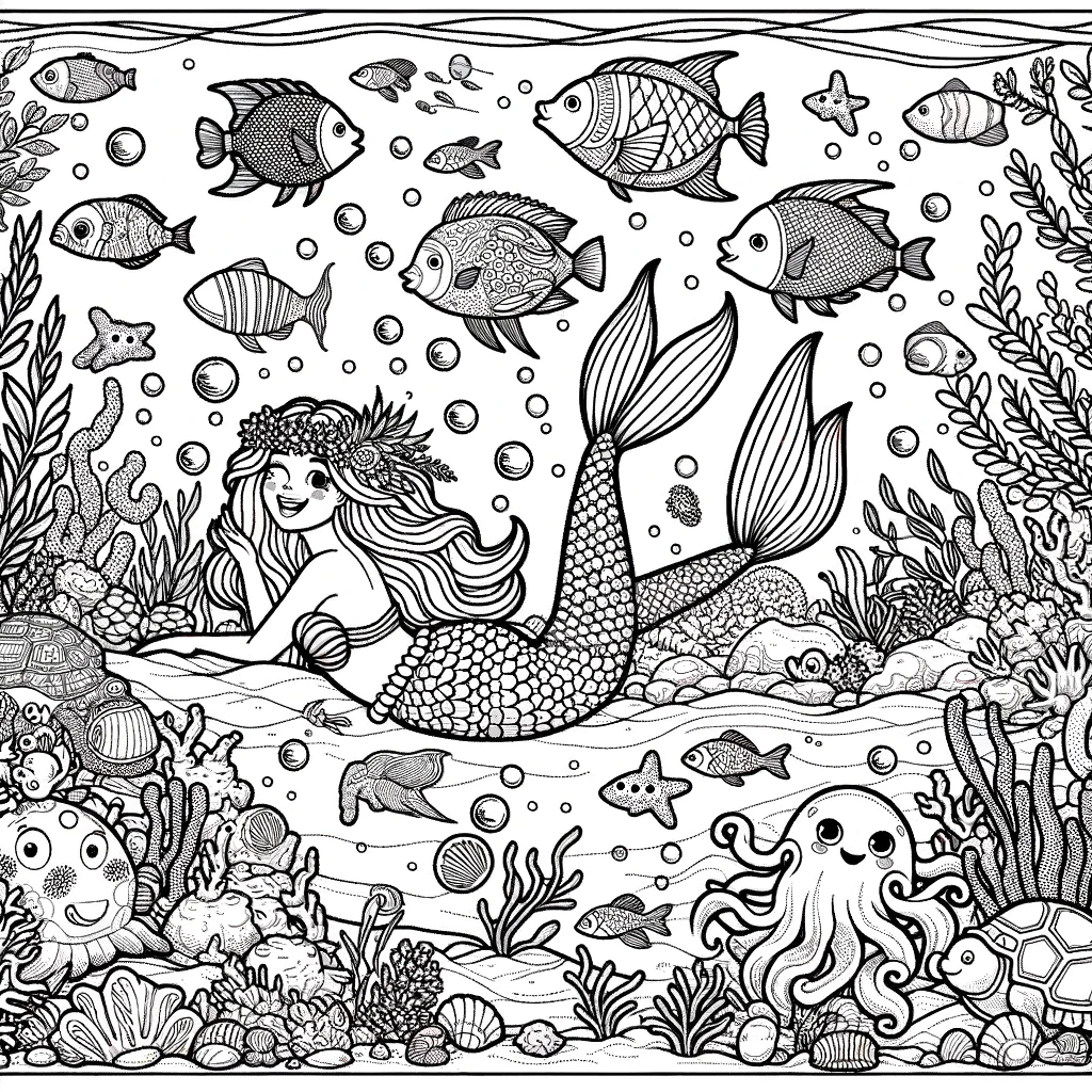 Dalle 3 Use Case-Design a coloring book page featuring ‘an underwater adventure with mermaids and fishes’
